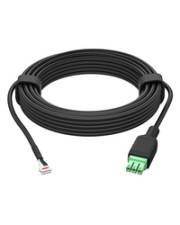 Ein aufgewickeltes schwarzes Kabel mit einem grünen Stecker an einem Ende und einem kleinen zweipoligen Stecker am anderen Ende.