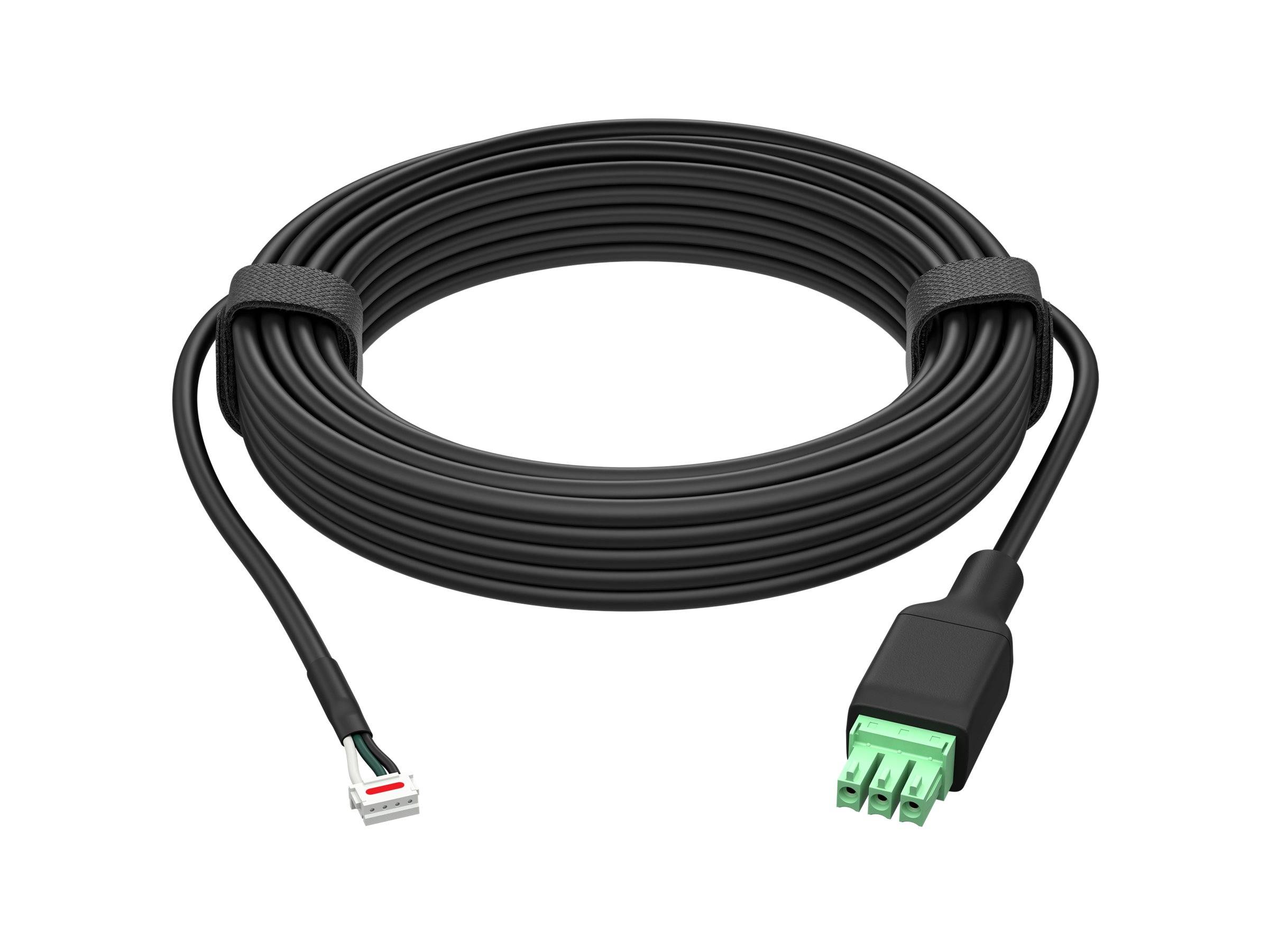 Schwarzes Spiralkabel mit verschiedenen Anschlüssen an jedem Ende: ein kleiner weißer Stecker und ein grüner Klemmblockstecker.