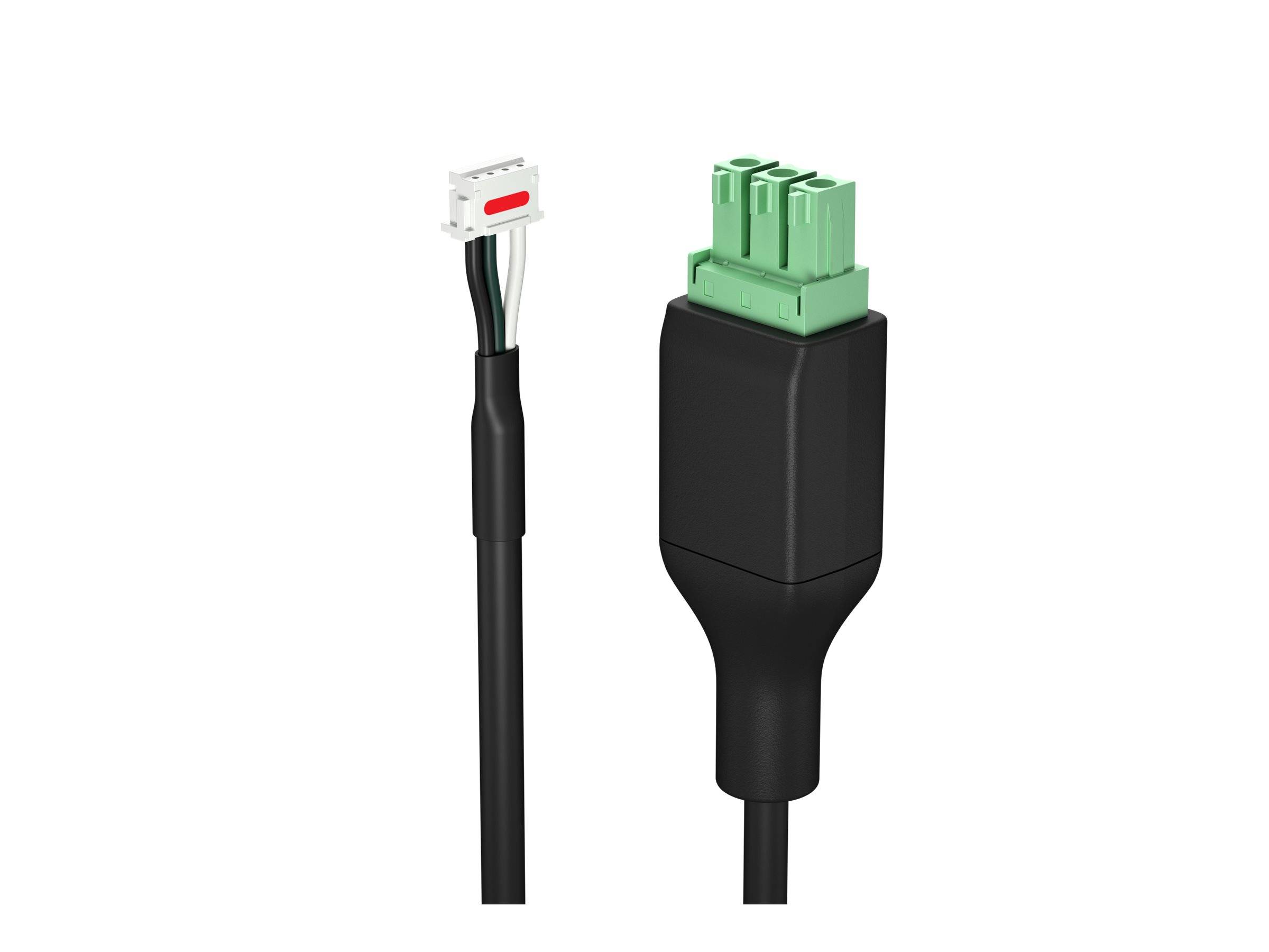 Zwei elektrische Steckverbinder auf weißem Hintergrund: Ein kleiner weißer Stecker auf einem schwarzen Kabel und ein größerer schwarzer Anschluss mit einer grünen Klemmleiste.