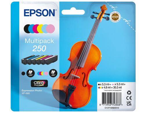 Epson Multipack 250 Druckerpatronen-Verpackung mit Cyan-, Magenta-, Gelb-, Schwarz- und Fotoschwarz-Patronen und einem Violinen-Bild auf der Box.