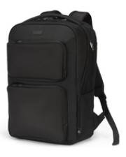 Ein schwarzer Rucksack mit mehreren Reißverschlussfächern und gepolsterten Schultergurten, konzipiert für Reisen oder tägliche Nutzung.