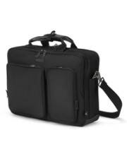 Eine schwarze Laptoptasche mit doppelten Henkeln, zwei vorderen Reißverschlusstaschen und einem verstellbaren Schultergurt, der an der Seite hängt.