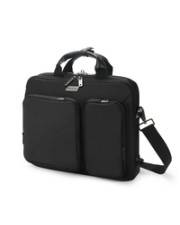 Eine schwarze Laptop-Tasche mit zwei vorderen Taschen, einem oberen Griff und einem verstellbaren Schultergurt.