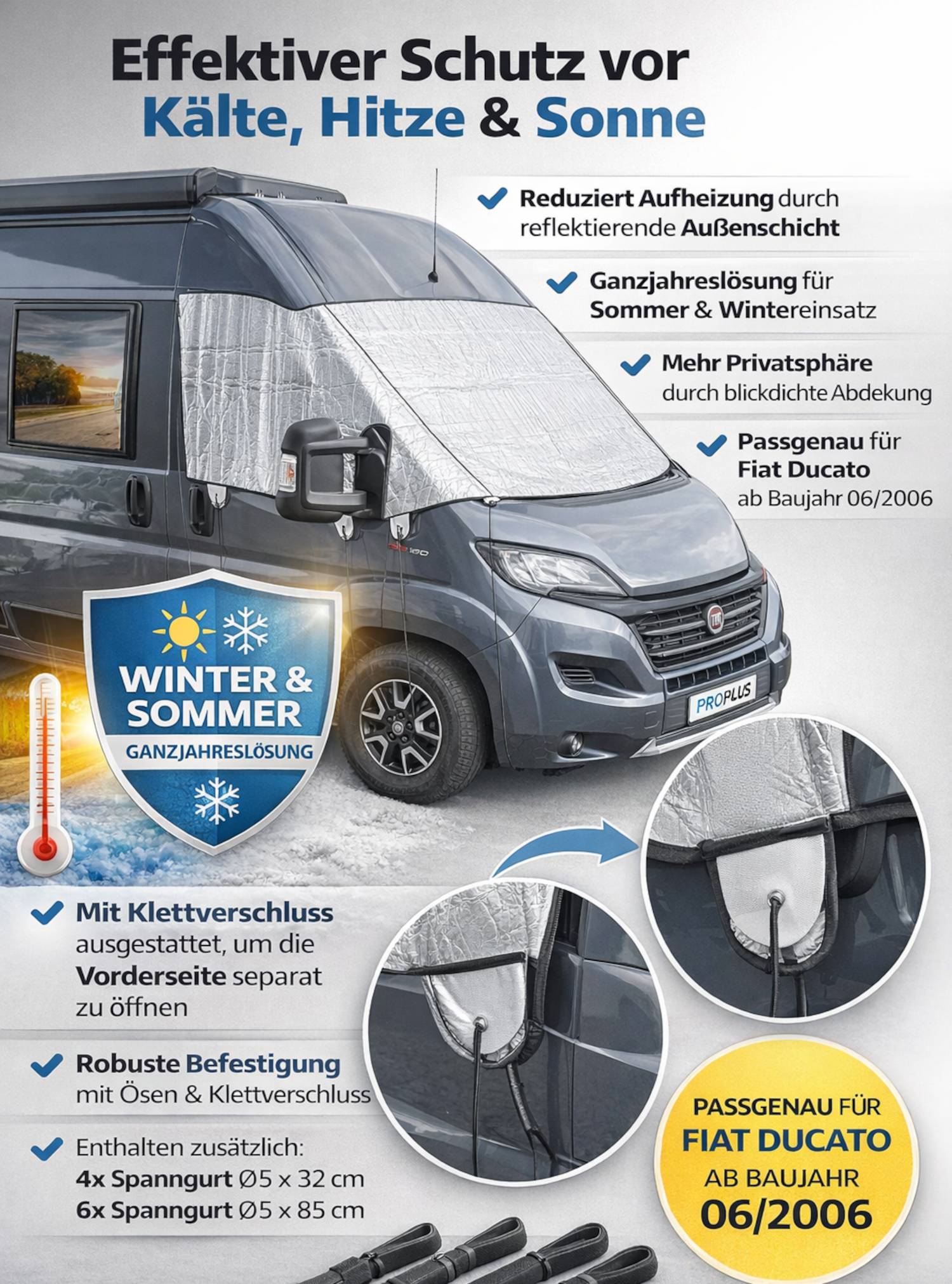 Ein silberner Transporter mit maßgefertigten reflektierenden Abdeckungen zum Winterschutz. Der deutsche Text erwähnt Eigenschaften wie stärkeren Windwiderstand und erhöhte Privatsphäre.