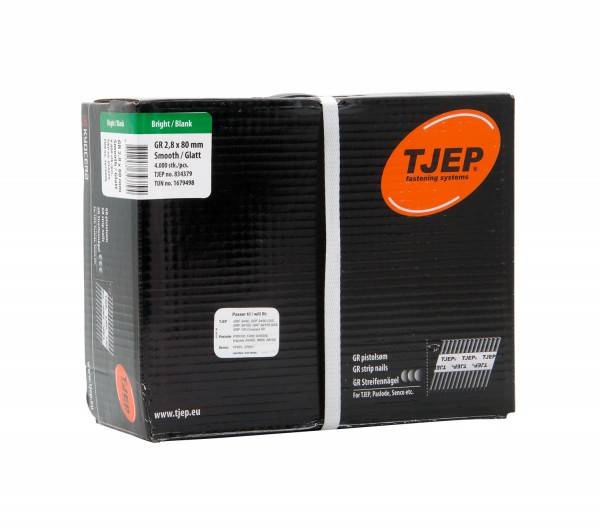 Box mit TJEP GR 2,8 x 80 mm Nägeln, schwarze Verpackung, listet Details wie glatte Oberflächenstruktur und Kontaktinformationen für TJEP-Befestigungssysteme auf.
