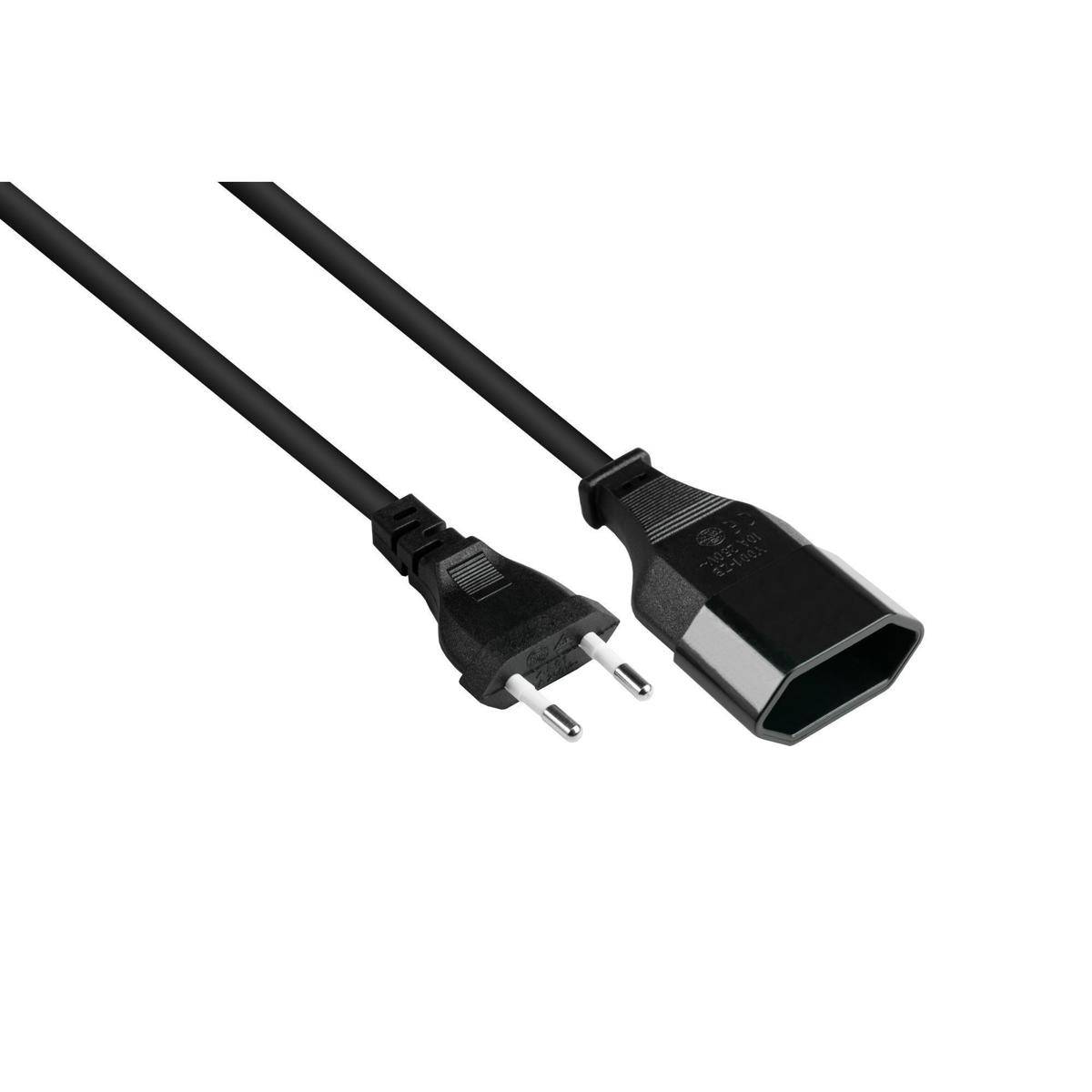 Ein schwarzes Stromkabel mit einem zweipoligen Stecker an einem Ende und einem rechteckigen Anschluss am anderen Ende.