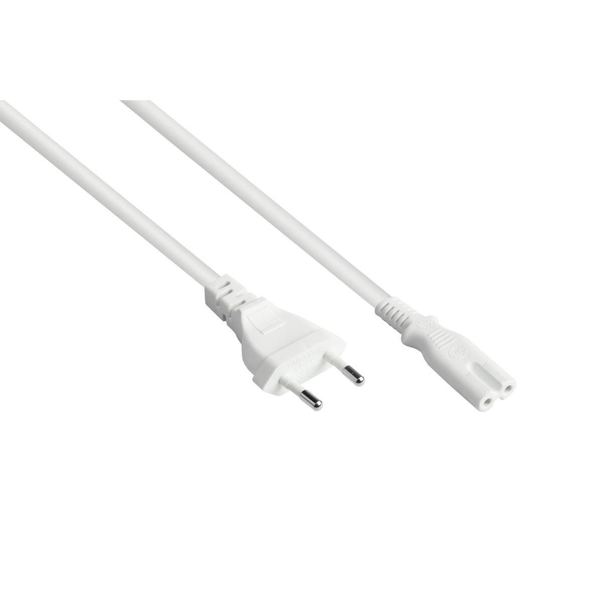 Ein weißes europäisches Stromkabel mit zweipoligem Stecker an einem Ende und einem Achterverbinder am anderen Ende, das für elektronische Geräte verwendet wird.