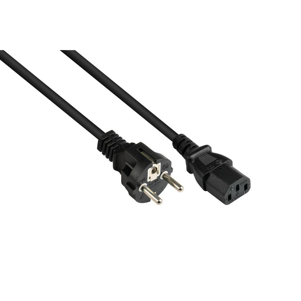 Ein schwarzes Stromkabel mit einem Ende, das einen europäischen Stecker aufweist, und dem anderen Ende mit einem IEC-60320-Stecker, verwendet für elektrische Geräte.