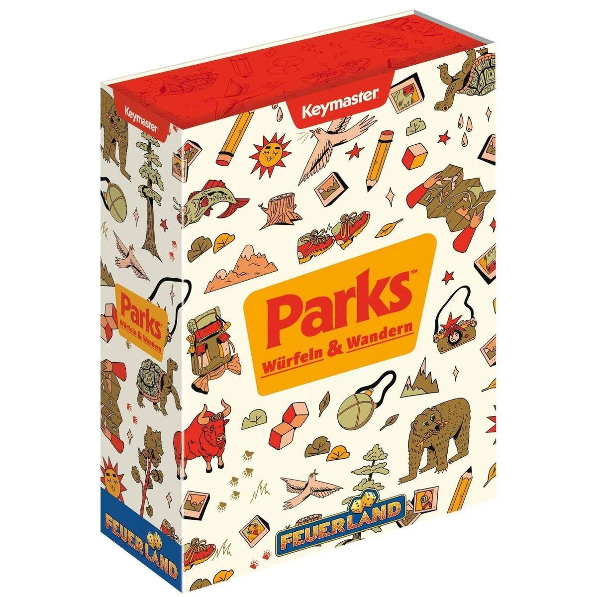 Eine bunte Brettspielschachtel mit dem Titel „Parks: Würfeln & Wandern