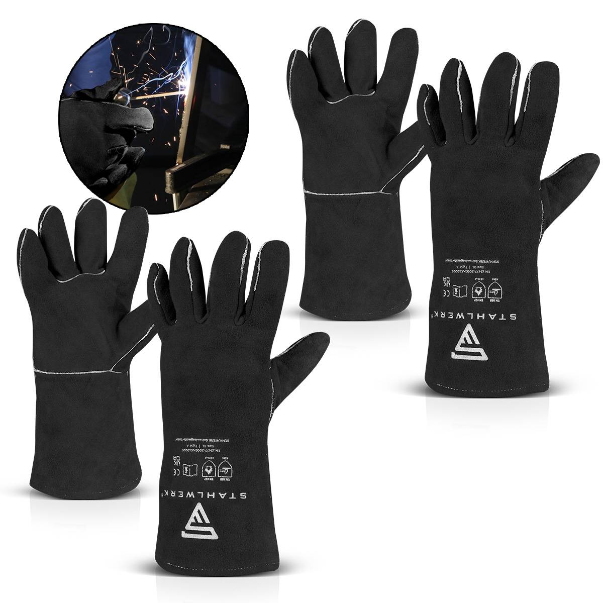 Drei Paar schwarze Schutzhandschuhe mit verstärkter Naht, geeignet zum Schweißen. Eine Detailaufnahme zeigt Handschuhe in Gebrauch mit fliegenden Funken.
