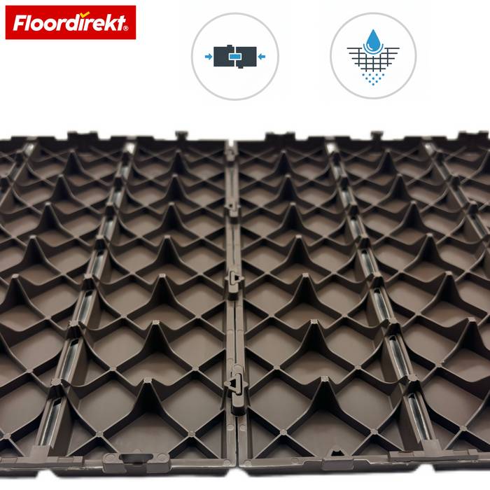 Braune ineinandergreifende Bodenfliesen mit Rastermuster, Marke 'Floordirekt'. Symbole oben zeigen einfache Installationsfunktionen und Entwässerungsmerkmale.