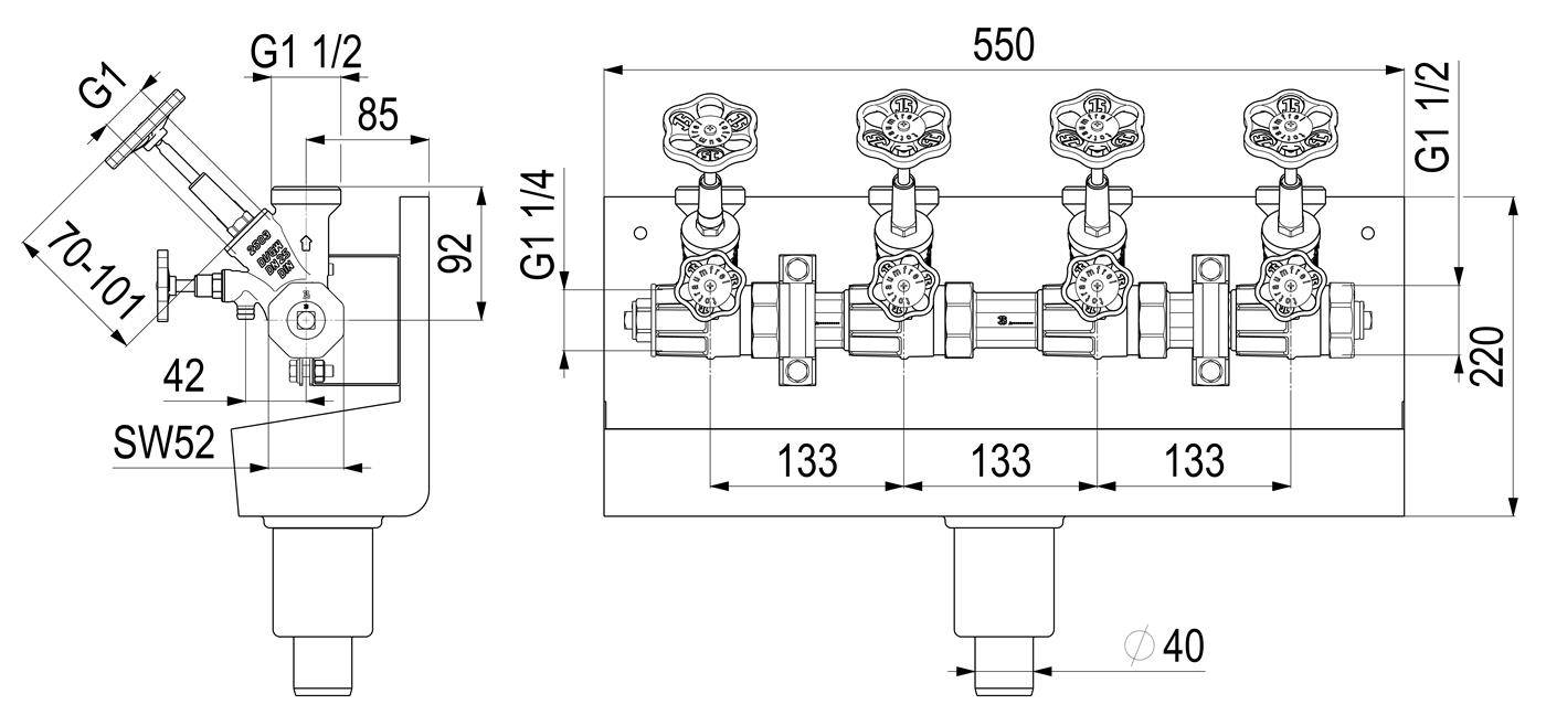 Technische Zeichnung einer Vier-Ventil-Verteileranordnung mit Seiten- und Vorderansicht, zeigt Abmessungen und Rohrverbindungen mit den Bezeichnungen G1, G1 1/2, G1 1/4, SW52 und Ø40.