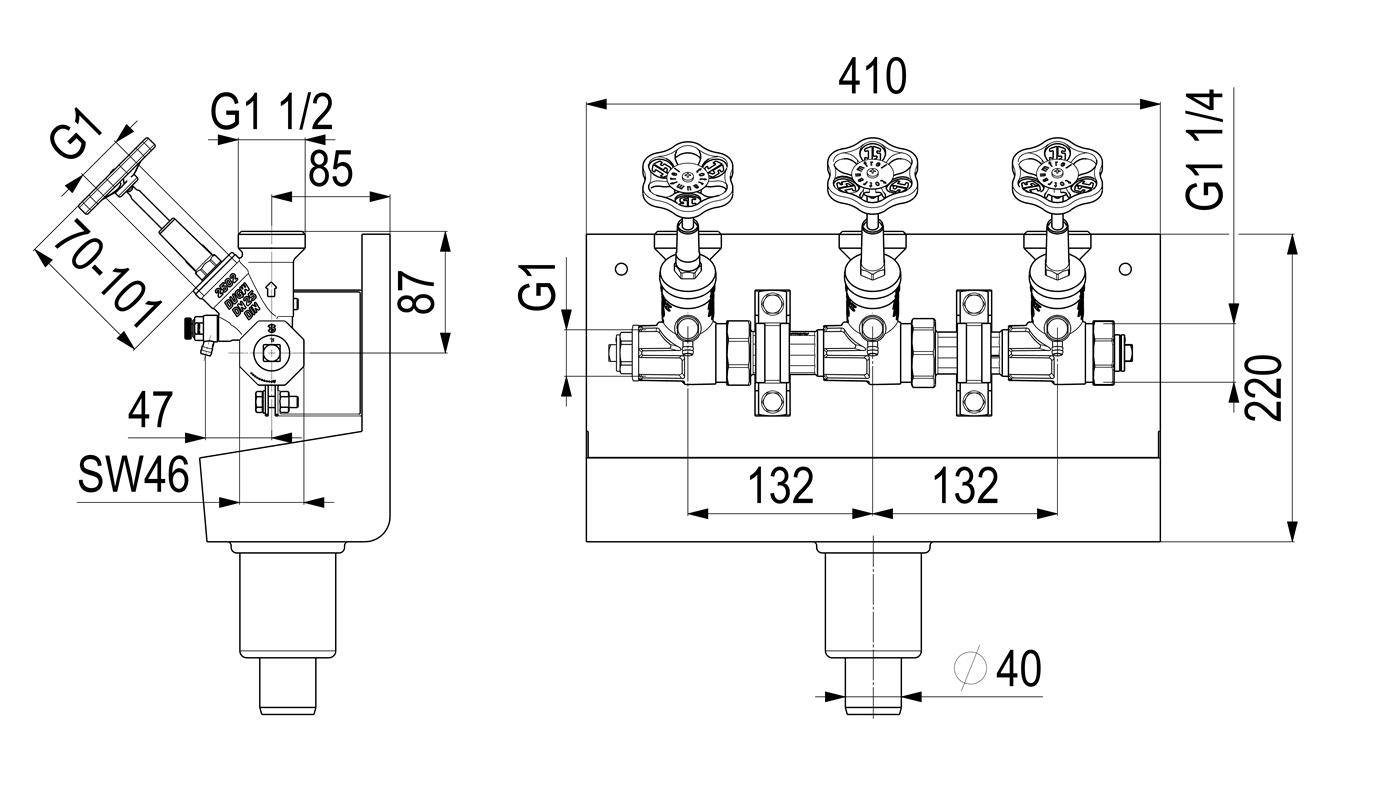 Technische Zeichnung einer 3-Ventil-Verteileranordnung mit Abmessungen, zeigt Seiten- und Vorderansicht sowie gekennzeichnete Anschlüsse G1, G1 1/2 und G1 1/4.