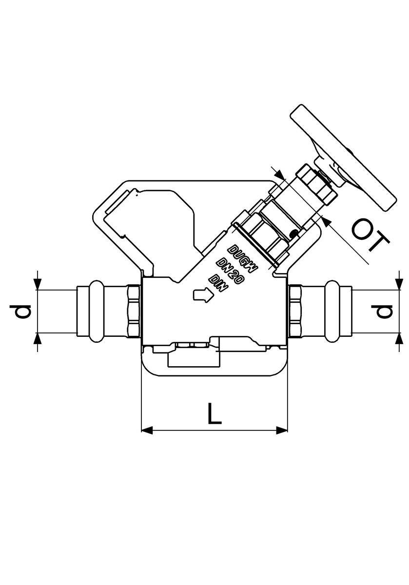 Technische Strichzeichnung eines Y-Siebventils mit Strömungspfeil, beschrifteten Abmessungen L, OT und Rohrdurchmesser d.