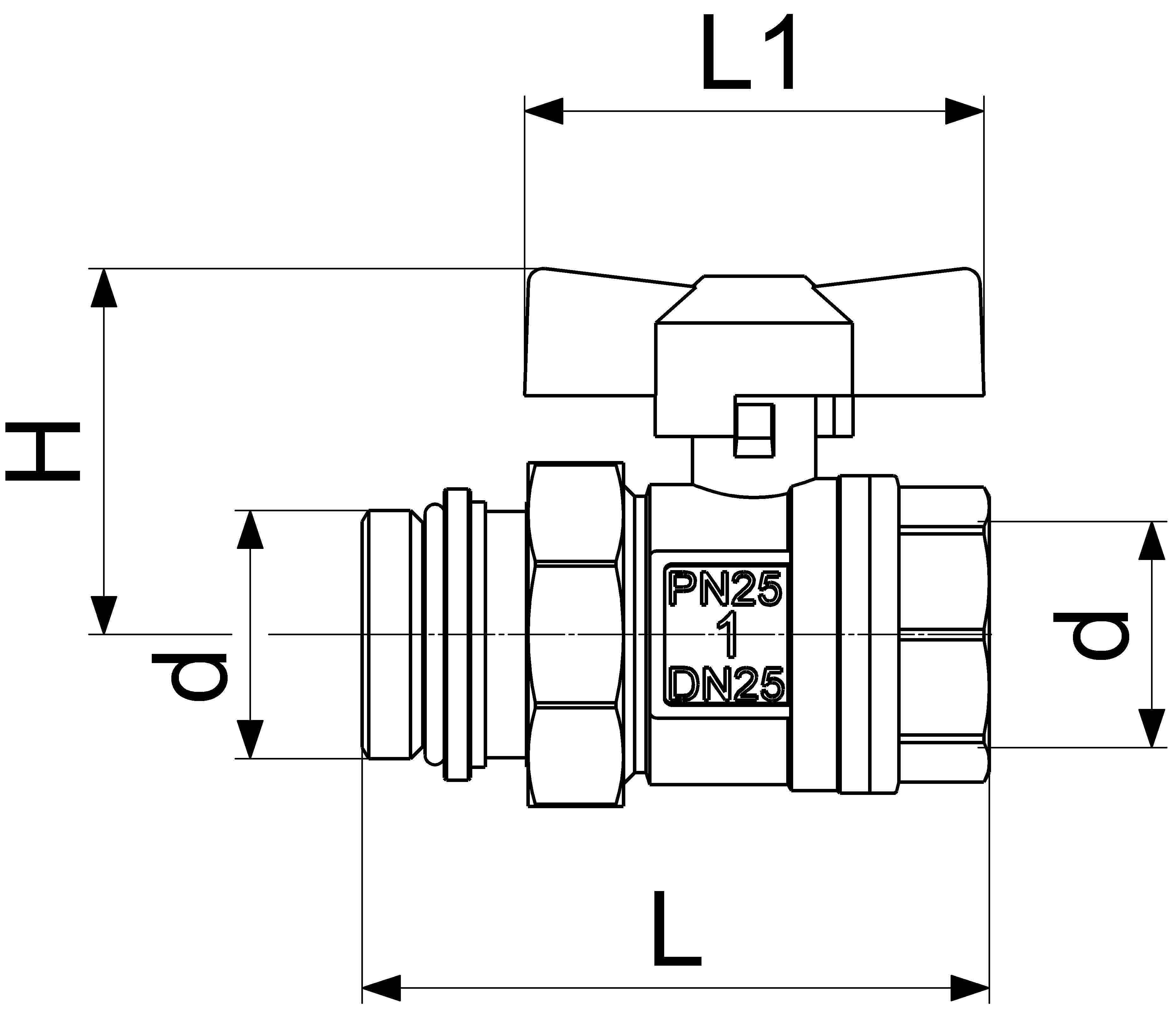JS KUGELHAHN,M.VERSCHRAUBUNG,DN25 IGxAG1",107MM,FLUEGELGR.ROT,VERN.