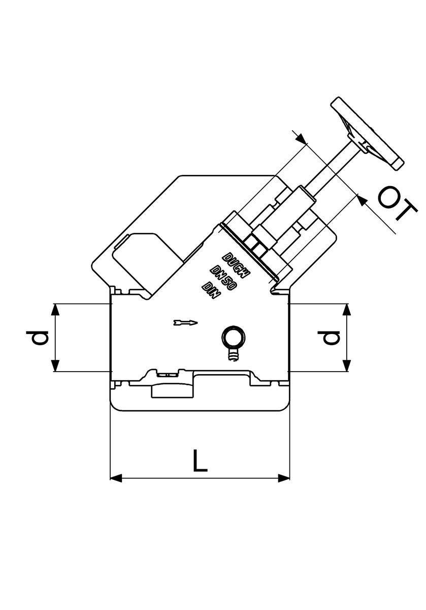 Technische Strichzeichnung eines geneigten mechanischen Bauteils mit den Maßen Gesamtlänge L, Durchmesser d und Versatz OT.