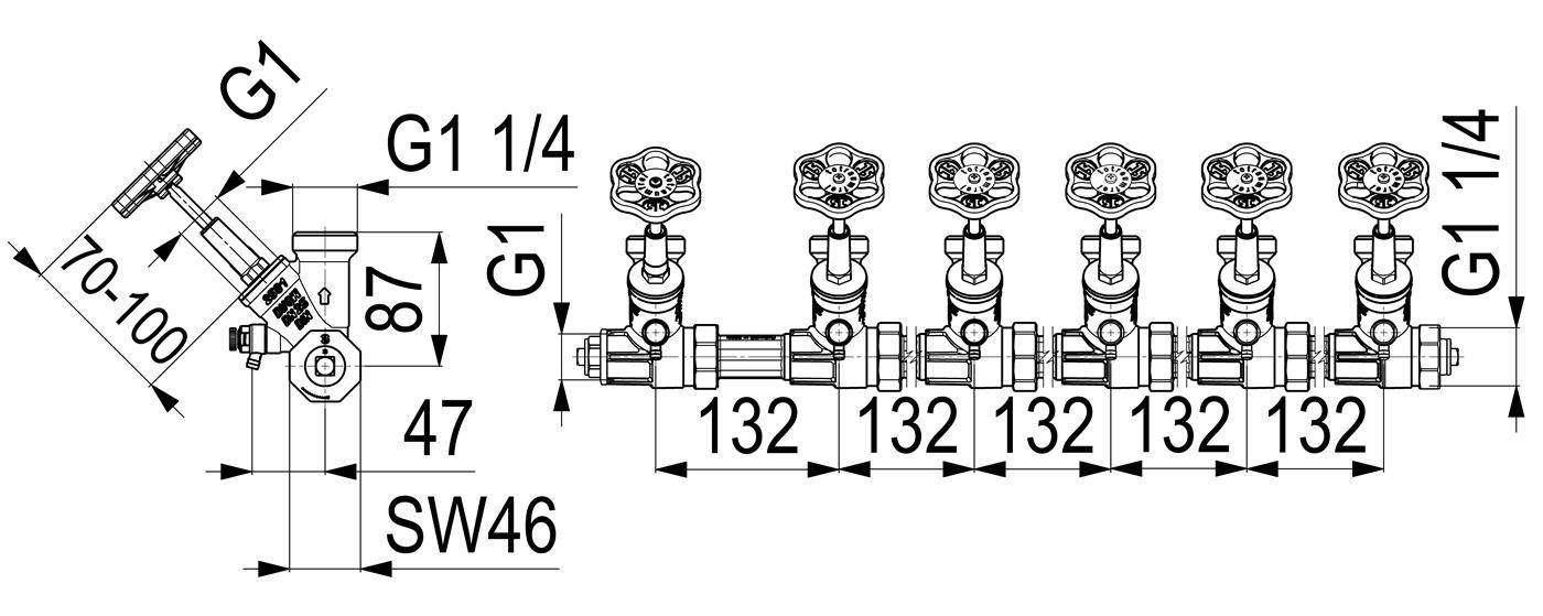 Technisches Diagramm einer horizontalen Verteilerklappenanlage mit sechs aufrechten Ventilen, das Rohrgewinde, Abmessungen und Messungen in Millimetern zeigt.