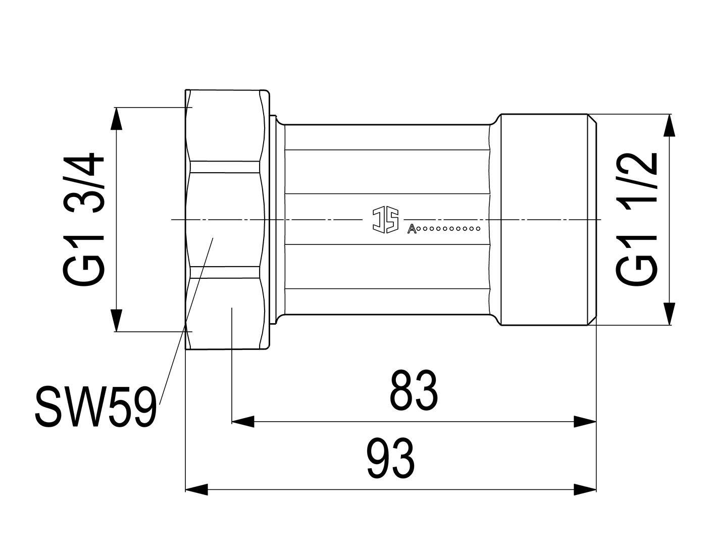 Technische Maßzeichnung eines Rohradapters mit G1 3/4 und G1 1/2 Gewindeanschlüssen, Schlüsselweite SW59 und Längenmessungen von 83/93 mm.