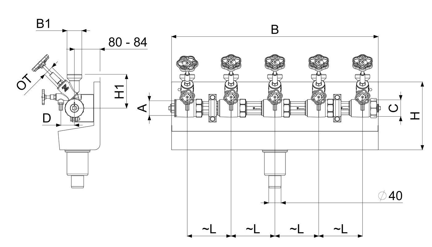 Technische Linienzeichnung einer Mehrventil-Verteileranordnung mit Vorder- und Seitenansicht mit gekennzeichneten Abmessungen B, H, C, A, D, H1, B1, OT und ungefährer Länge L.