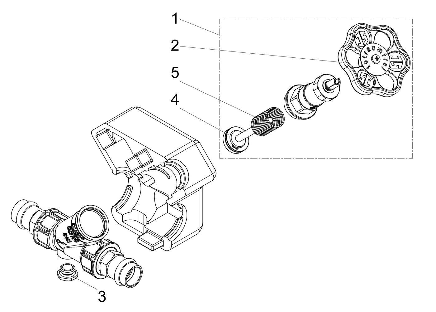 Explodierte technische Zeichnung einer Ventilbaugruppe mit nummerierten Teilen, die den Griff, die Spindel, die Feder und die Gehäusekomponenten zeigt.