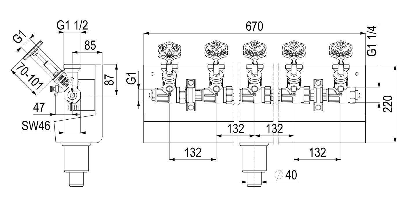 Technische Sanitärzeichnung einer Verteilereinheit mit fünf Ventilgriffen, die G1- und G1 1/4-Anschlüsse und Abmessungen von 670 mm Breite mal 220 mm Höhe zeigt, mit 132 mm Abstand zwischen den Ventilen.