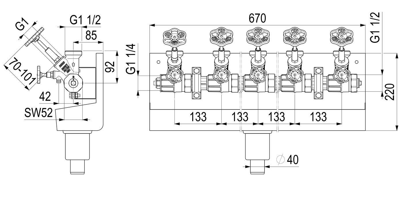 Technische Sanitärzeichnung eines Vier-Ventil-Verteilers mit Abmessungen: 670 mm breit, 220 mm hoch, 40 mm Auslass, G1 1/2 Anschlüsse oben, G1 1/4 Seiteanschluss und SW52 Schlüsselweite.