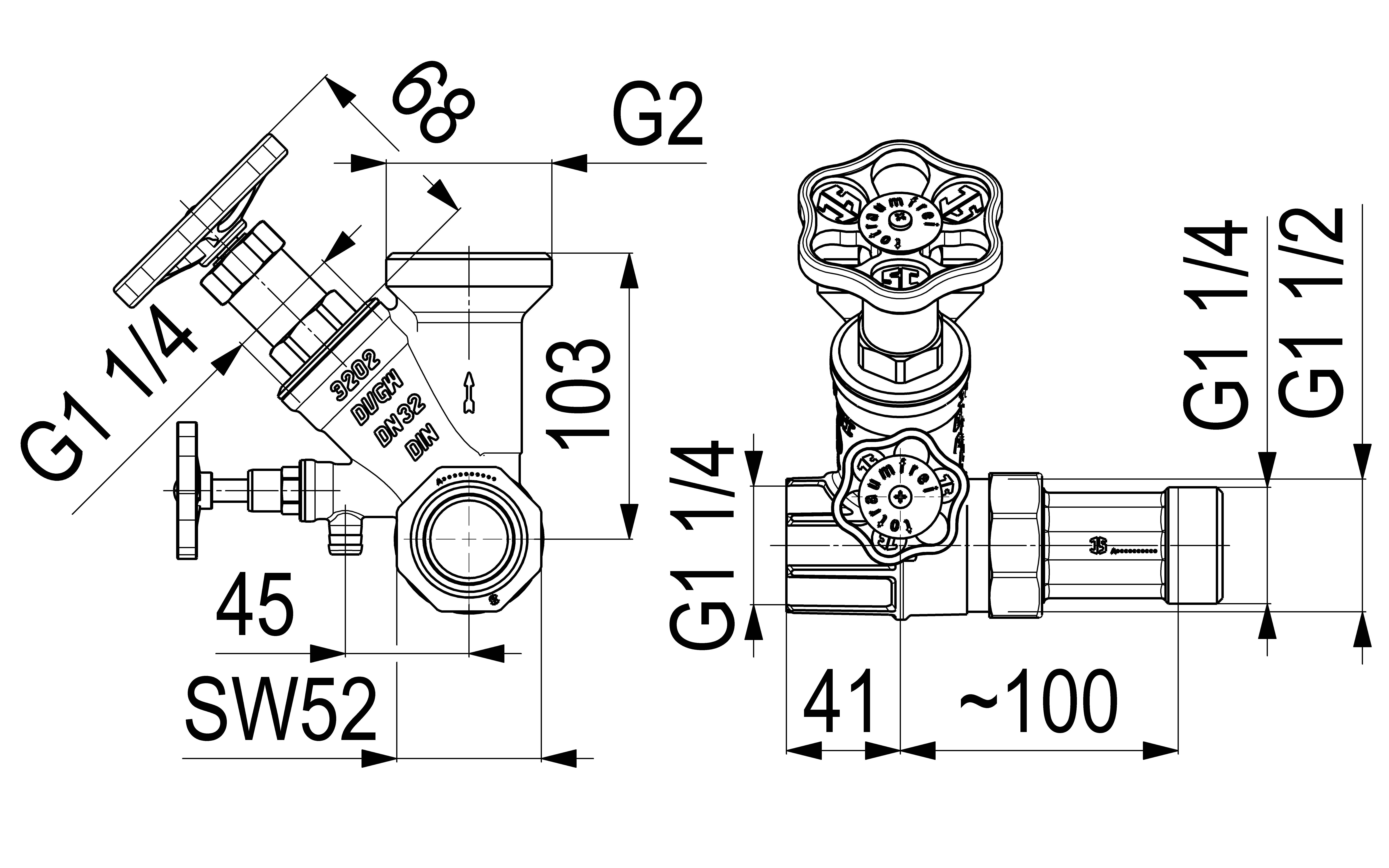 JS ABZWEIG-T-VENTIL, FREISTROM N.ST.SP.,DN32,EING.1 1/4",OB.A.2"