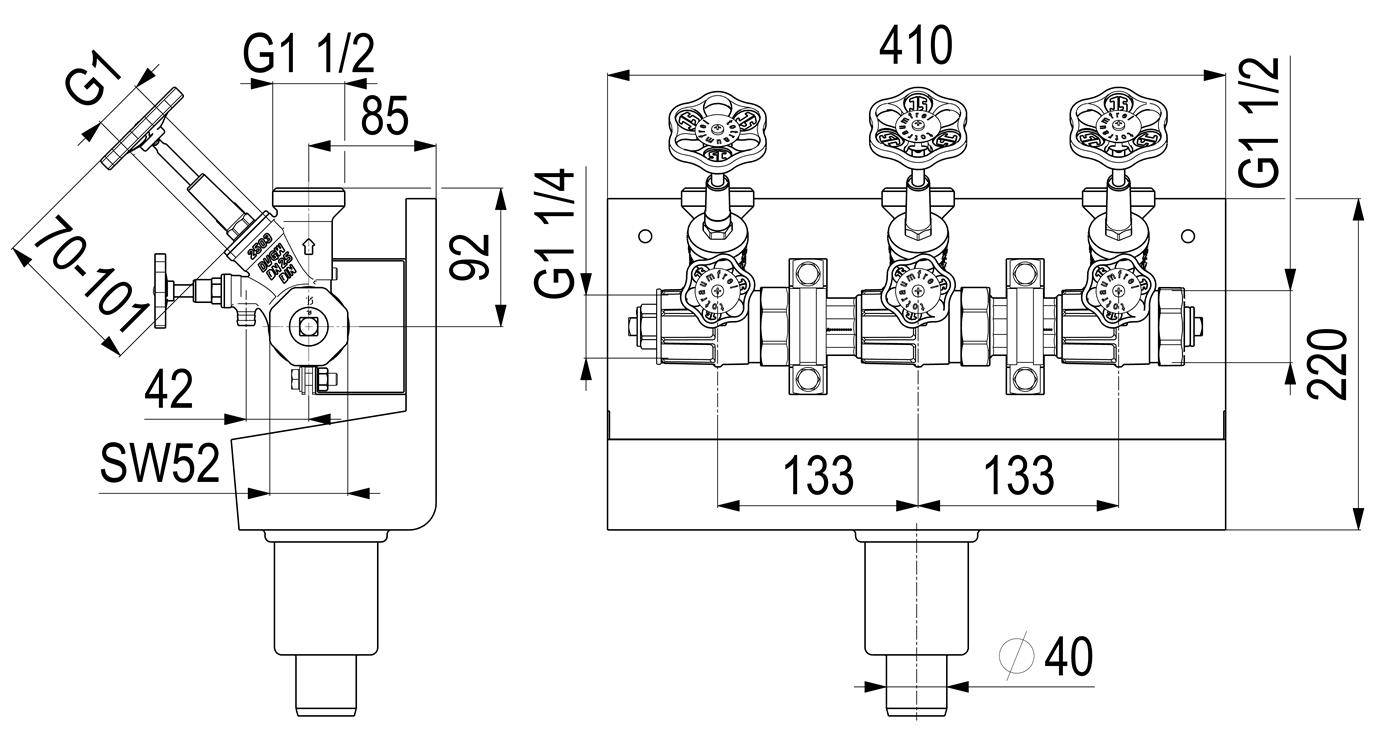 Technische Zeichnung eines Drei-Ventil-Rohrleitungsverteilers mit Abmessungen, zeigt Seiten- und Frontansichten, G1 und G1 1/2 Gewindeverbindungen, 410 mm Breite und 220 mm Höhe.