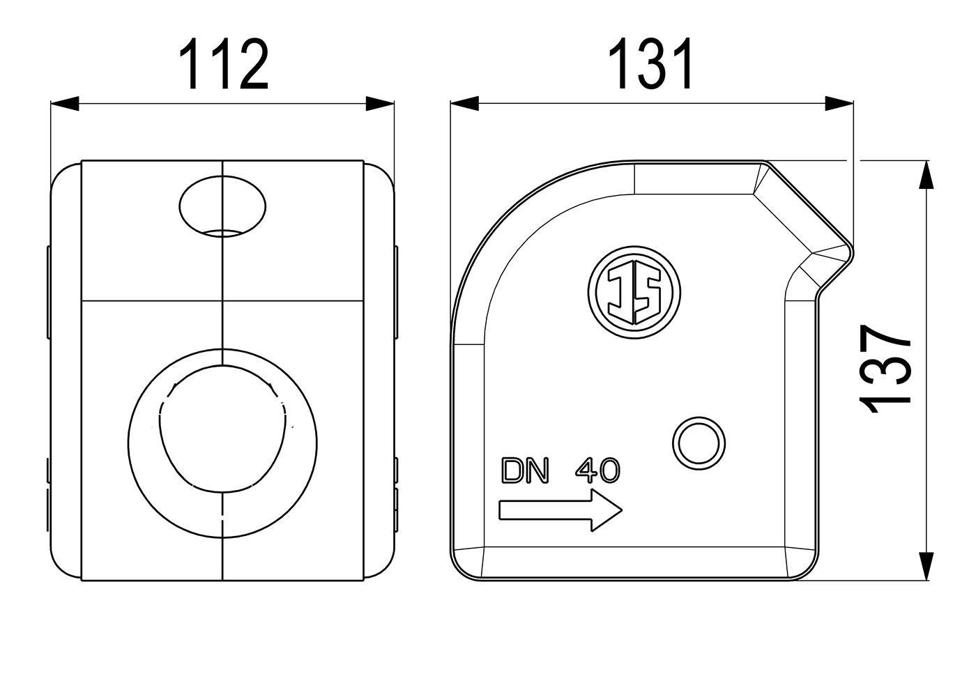 Technische Zeichnung eines rechteckigen Teils in Front- und Seitenansicht dargestellt, beschriftet mit 112 mm Breite, 131 mm Tiefe und 137 mm Höhe, mit kreisförmigen Öffnungen und Pfeilmarkierung "DN 40"".