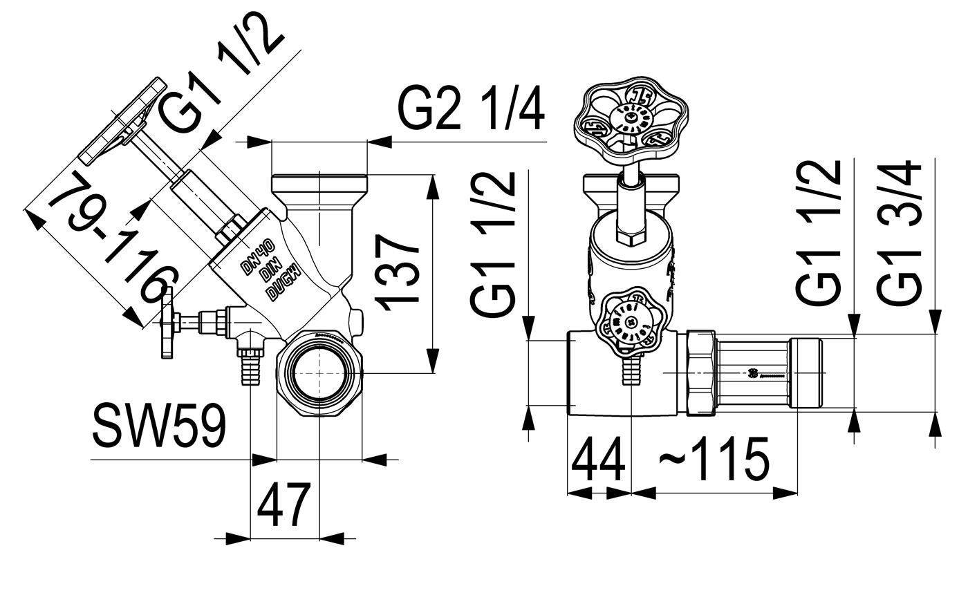 Technisches Sanitär-Ventildiagramm mit zwei Ansichten, zeigt Abmessungen und Gewindegrößen: G1 1/2, G2 1/4, G1 1/2, G1 3/4, SW59, 47, 44, ~115 und 137.