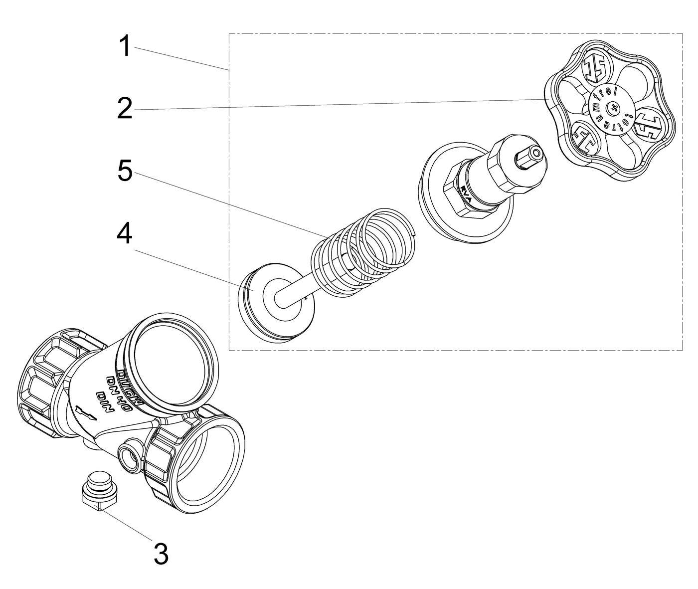 Explodierte technische Zeichnung einer Ventilbaugruppe, mit nummerierten Teilen 1–5, die separat dargestellt sind, um zu zeigen, wie die Komponenten zusammenpassen.