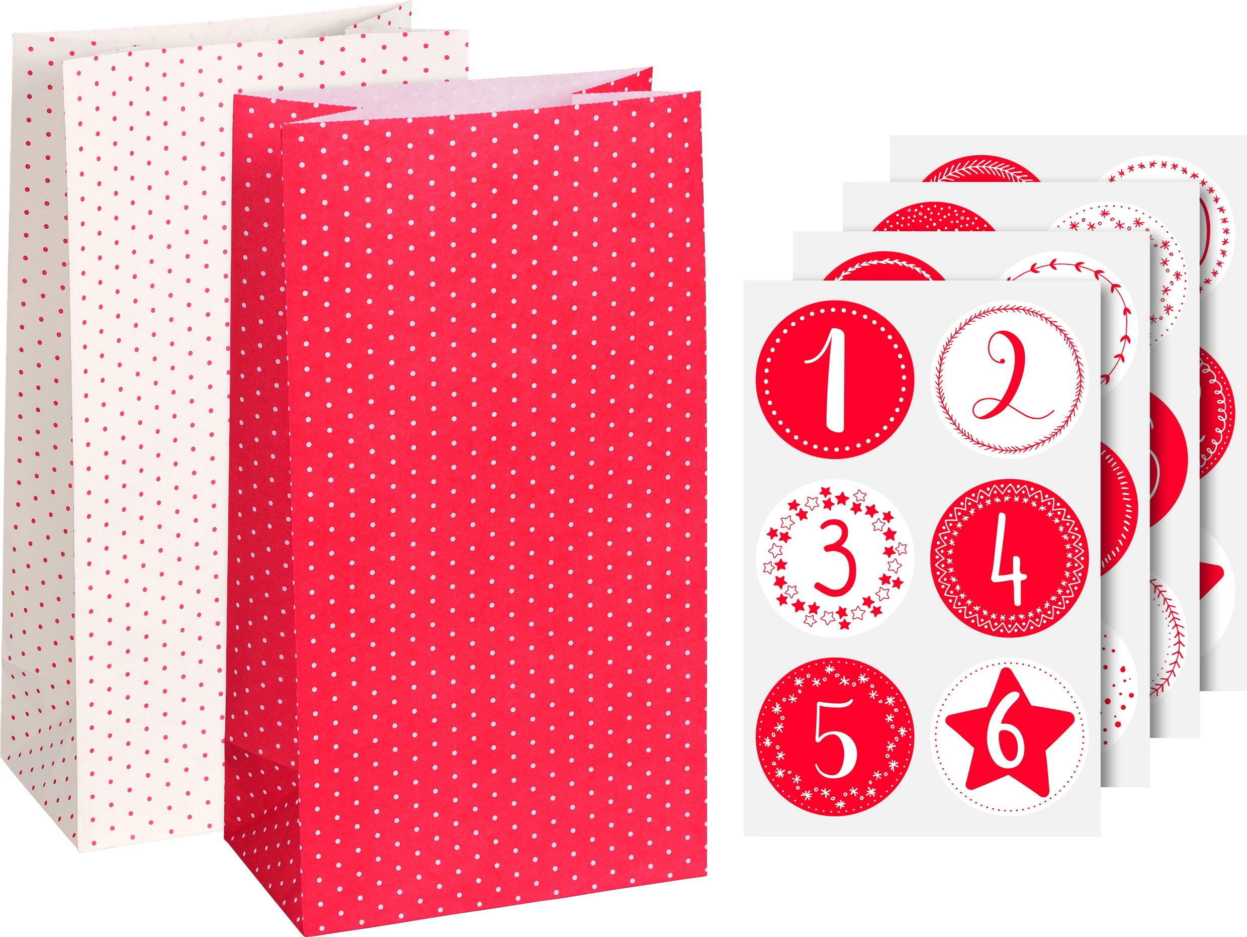 Rote Papiertüten mit weißen Punkten, begleitet von nummerierten Rundetiketten 1 bis 6 mit festlichen Mustern.