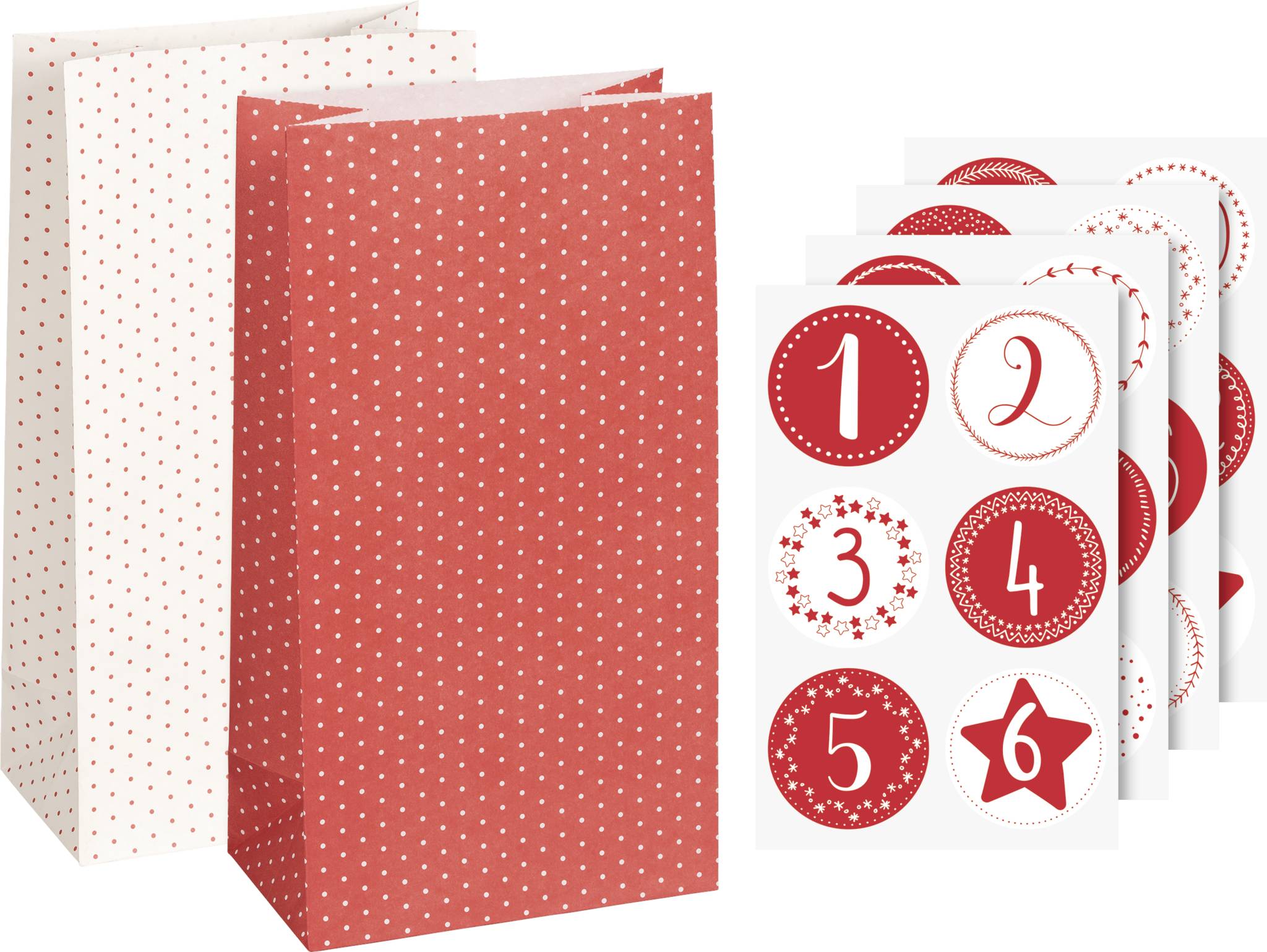 Zwei Geschenktüten, eine rote mit weißen Punkten, die andere weiß mit roten Punkten. In der Nähe befinden sich dekorative Aufkleber mit Nummern 1 bis 6 mit Sternen.