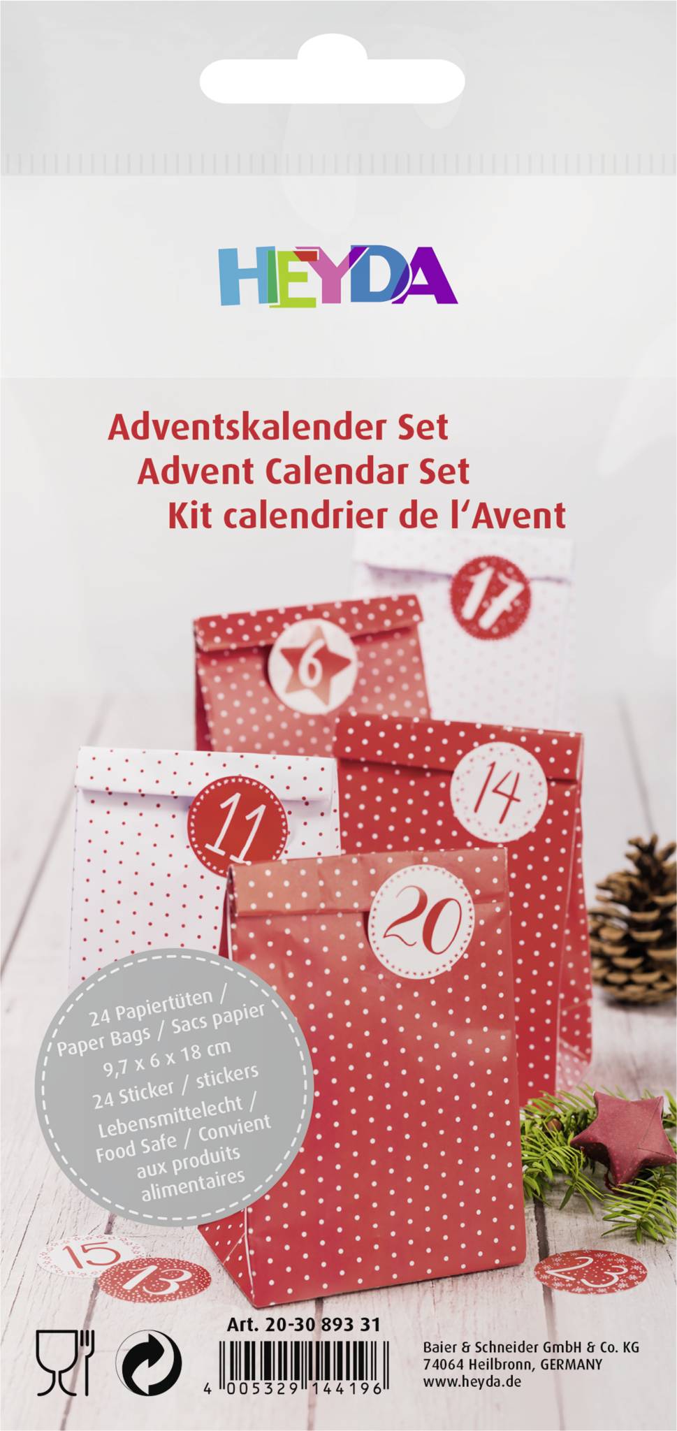 Adventskalender-Set' Text über vier nummerierten Papiertüten mit roten und weißen Punkten, bestimmt zum Herunterzählen bis Weihnachten.