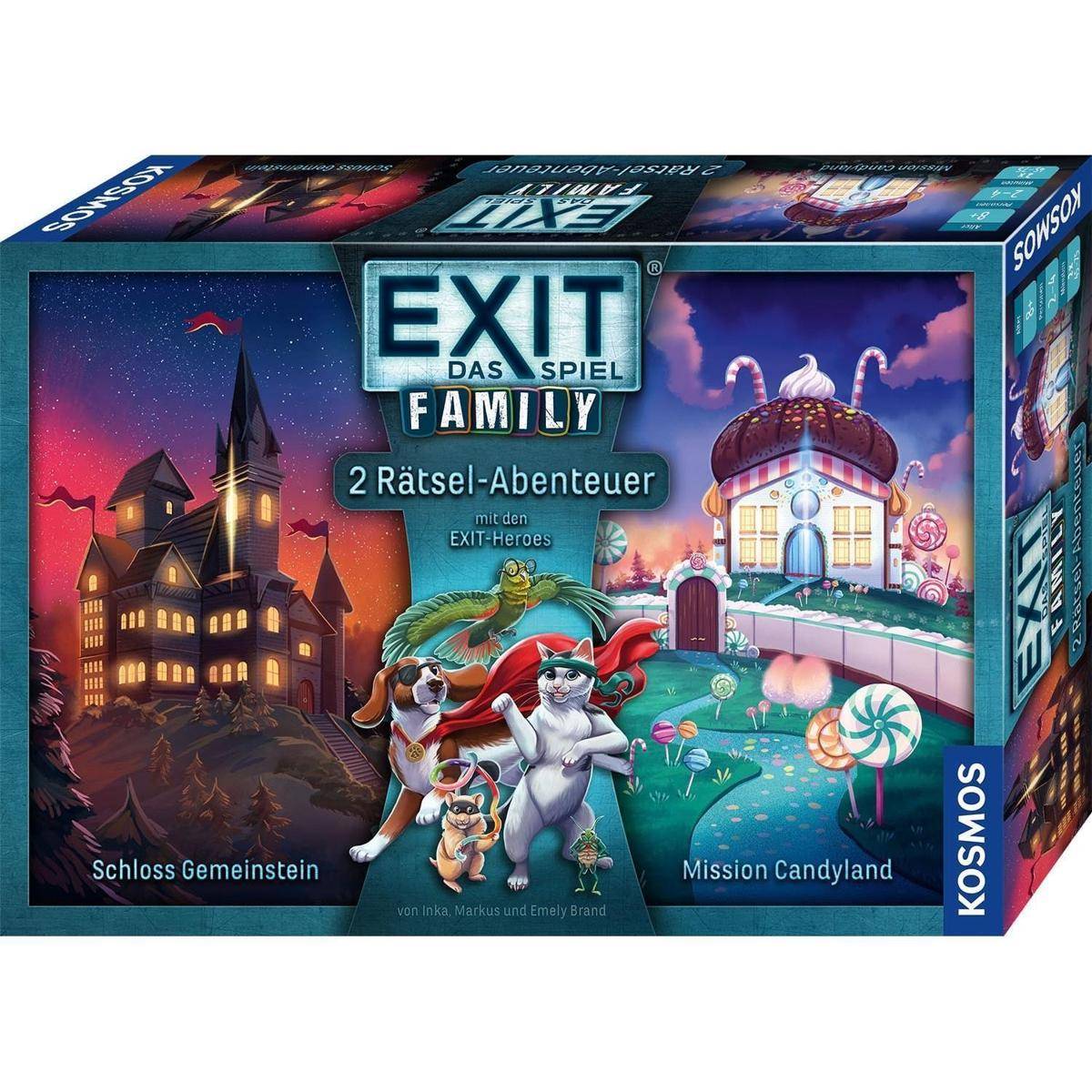 Schachttelcover von 'EXIT - Das Spiel Family' mit zwei Abenteuerthemen: 'Schloss Gemeinstein' zeigt ein gespenstisches Schloss und 'Mission Candyland' mit einer süßigkeitengepräägten Landschaft.