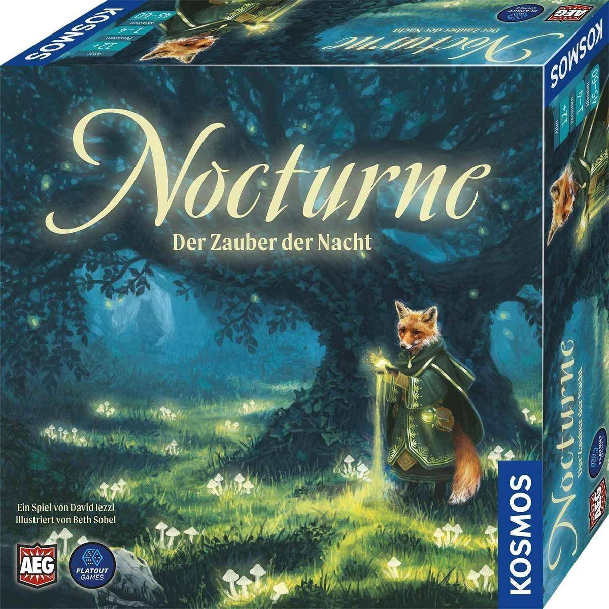Ein Fuchs in mittelalterlicher Kleidung hält ein Buch in einem verzauberten Wald bei Nacht. Der Spieltitel „Nocturne