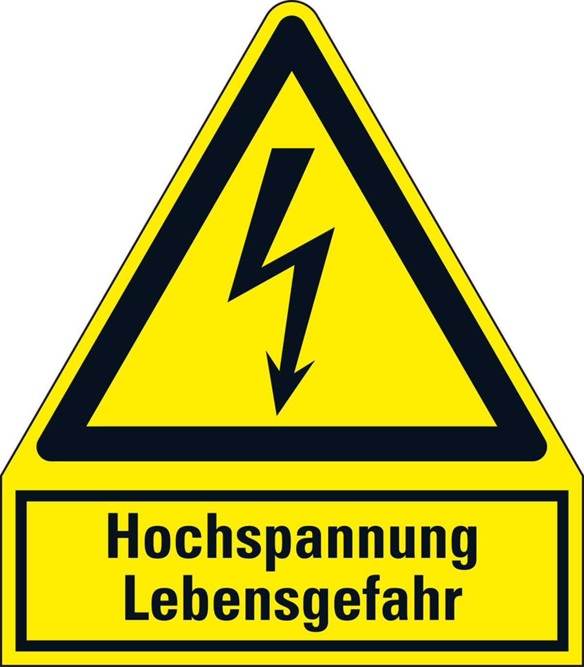 Ein gelbes dreieckiges Warnschildes mit einem schwarzen Blitzbolzen, das auf Deutsch „Hochspannung Lebensgefahr