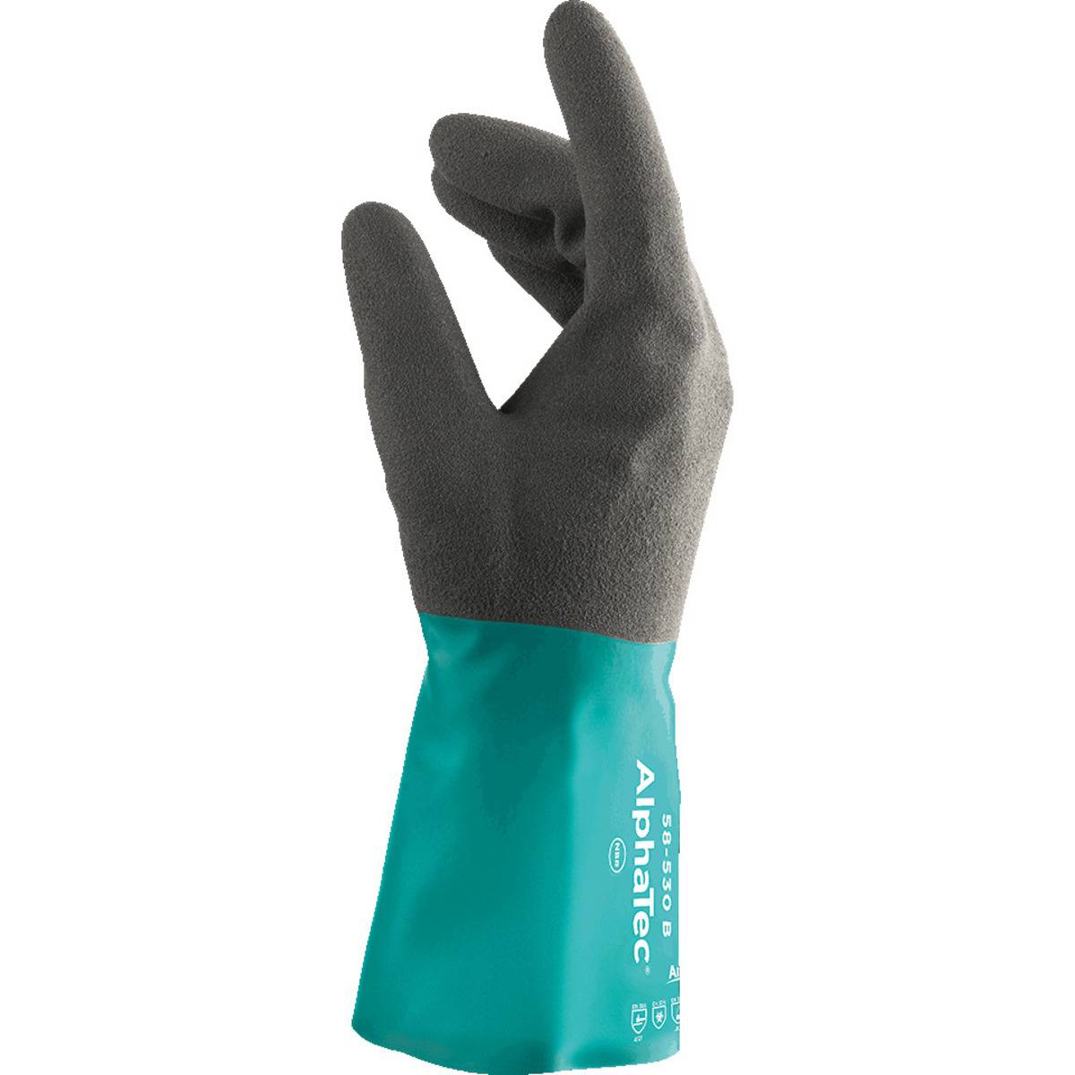 Ein Handschuh mit grauem Handbereich und grüner Manschette, beschriftet mit „AlphaTec