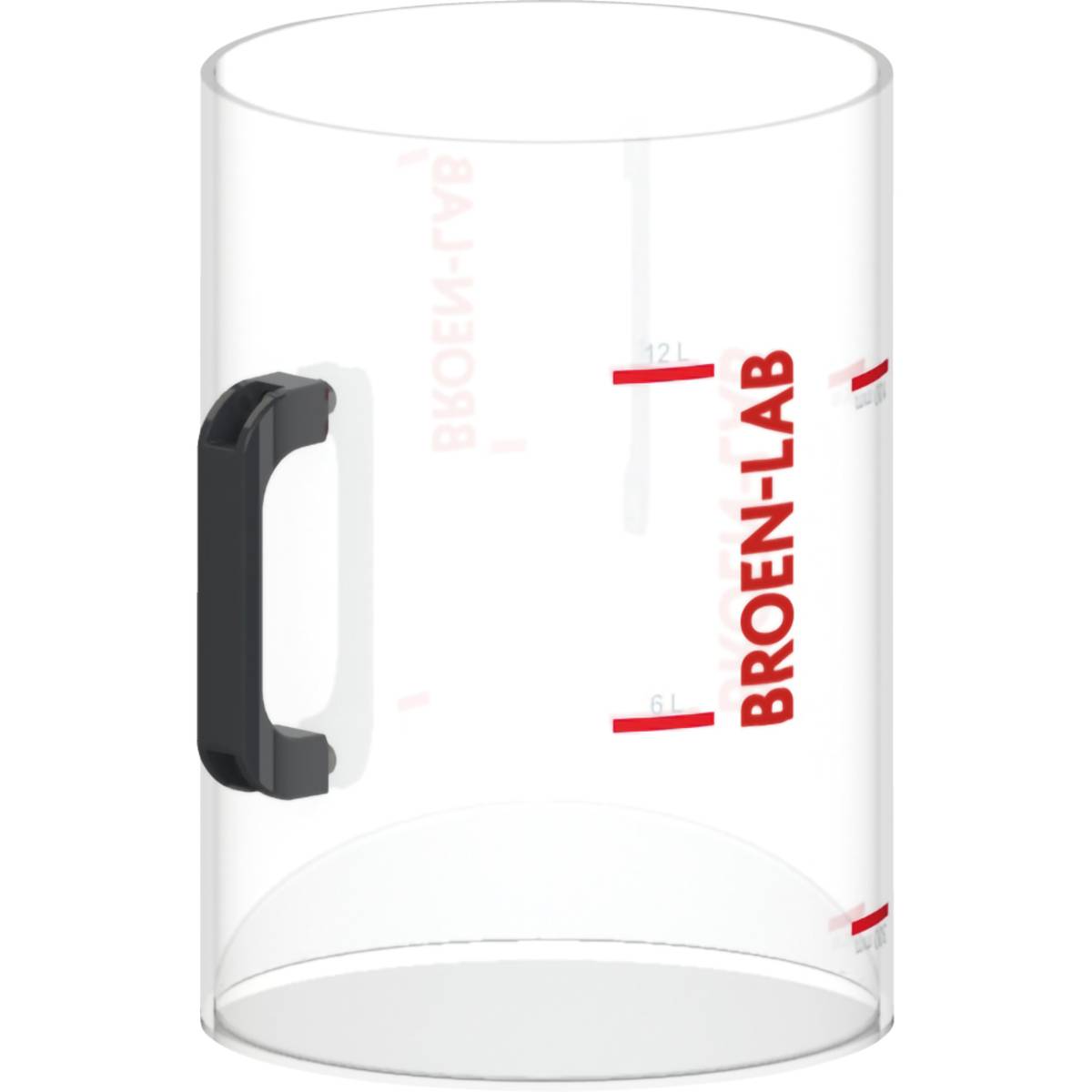 Ein durchsichtiger zylindrischer Behälter mit schwarzem Griff und roten Messskalen, beschriftet mit „BROEN-LAB