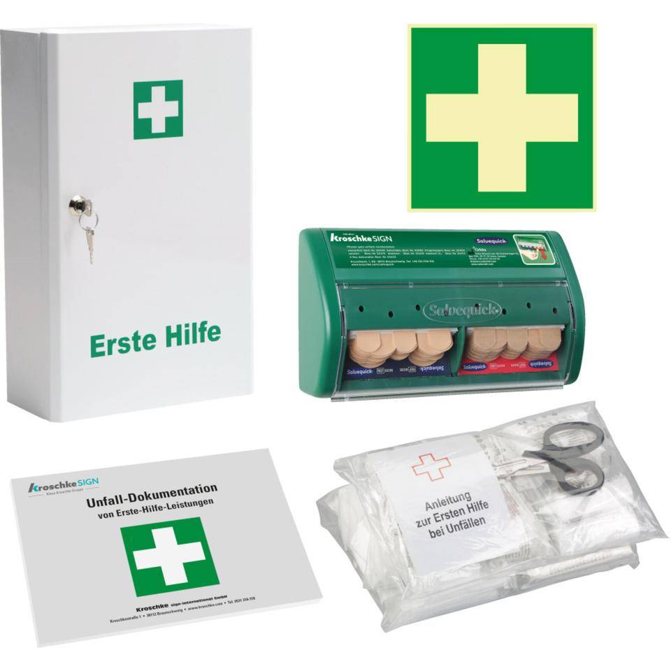 K.57 Vorteils-Set Verbandschrank Classic, PERMALIGHT® power langnachleuchtend Rettungszeichen, Pflastespender gefüllt