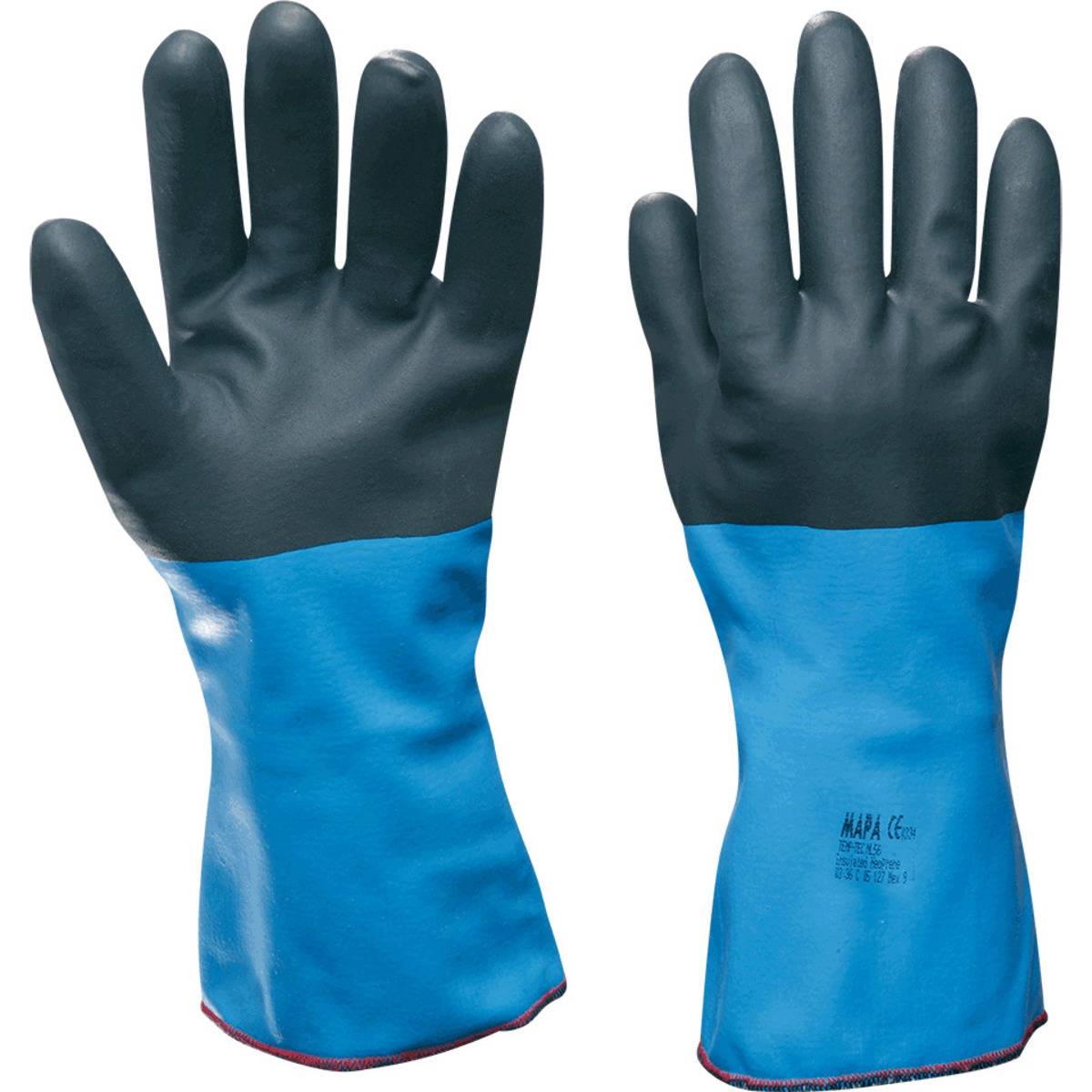 Zwei blau und schwarz Gummihandschuhe, die Vorder- und Rückseite zeigend, entworfen für industrielle oder schwere Arbeiten.