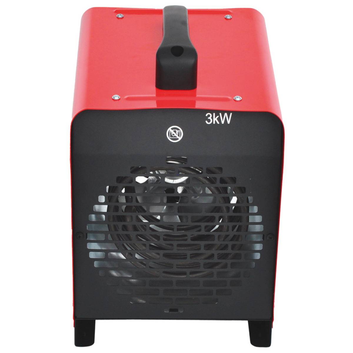 Ein roter Industrieheizer mit schwarzem Frontgitter und oberem Griff, mit der Bezeichnung „3kW