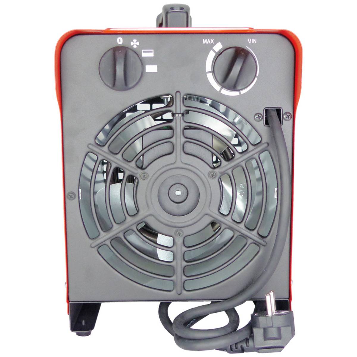 Das Bild zeigt die Rückseite eines tragbaren Elektroheizers. Er verfügt über einen Ventilator, Bedienungsregler für Stromversorgung und Temperatur sowie ein Stromkabel.