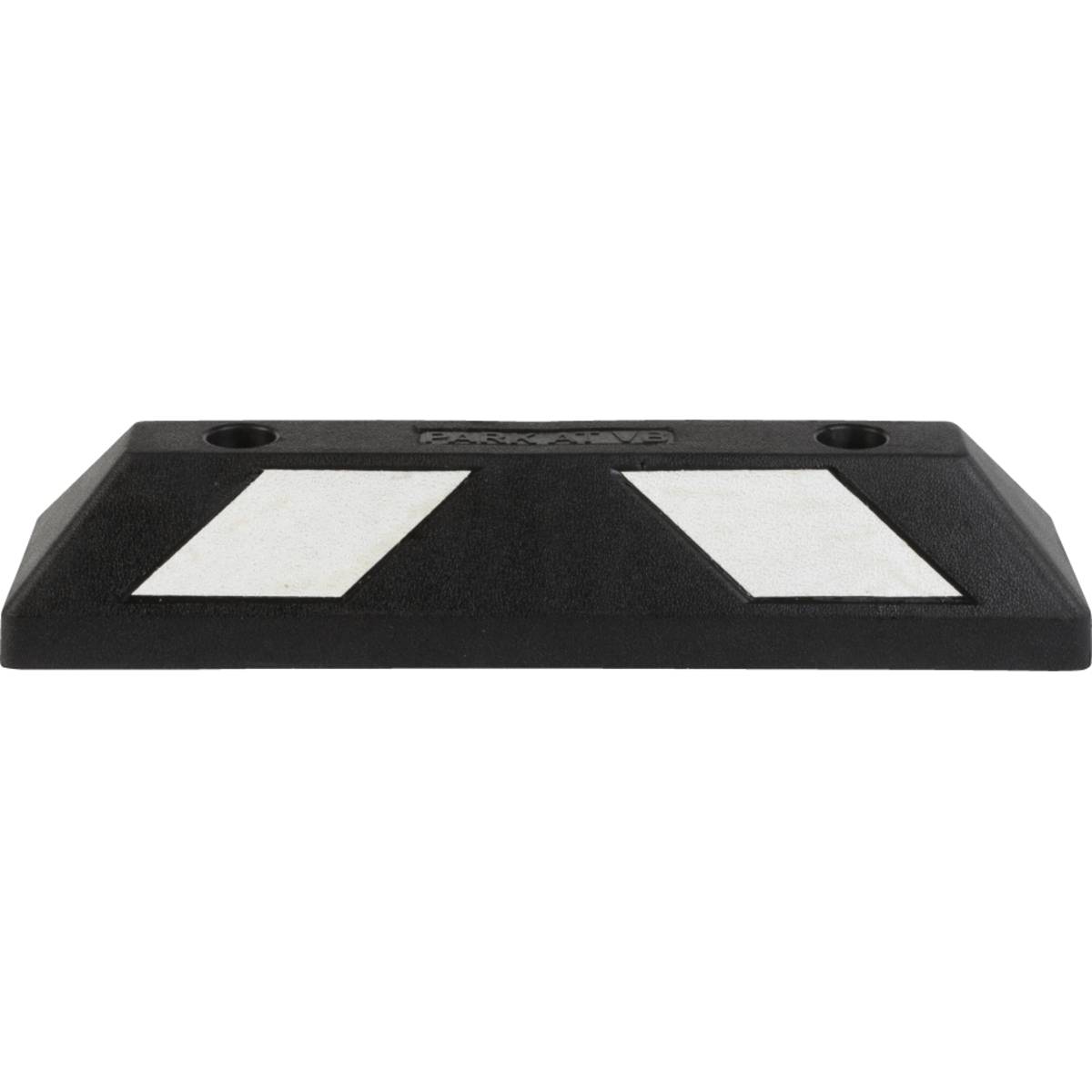 Ein schwarzer Gummi-Parkpuffer mit zwei weißen Reflektorstreifen, der verhindern soll, dass Fahrzeuge in unerwünschte Bereiche eindringen.