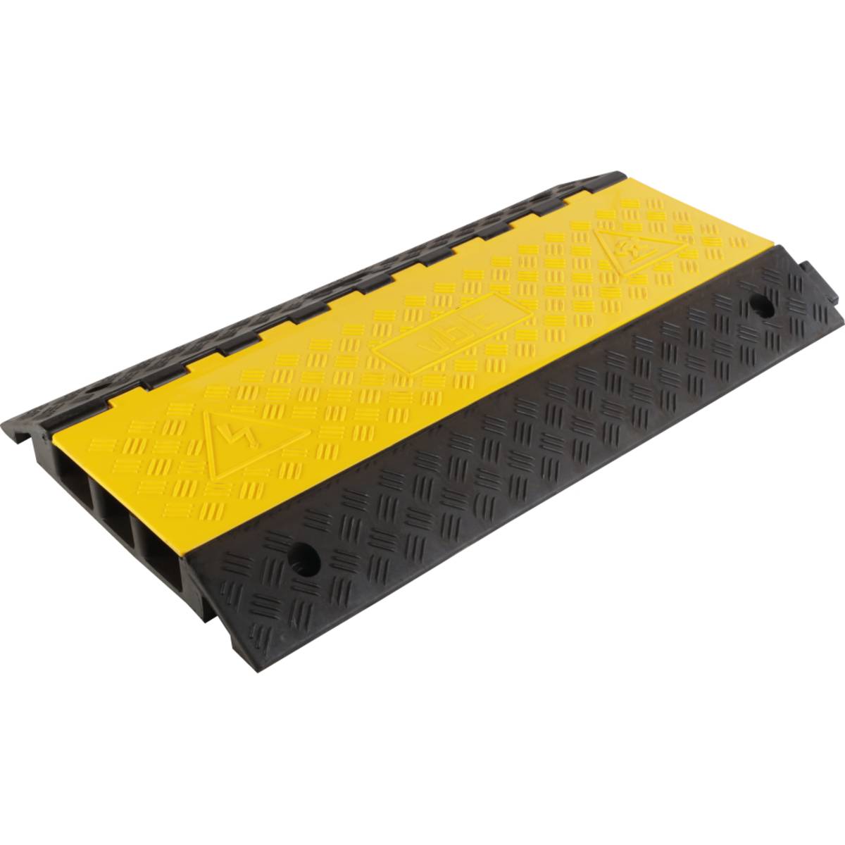 Ein schwarzer und gelber Kabelschutz mit strukturierter Oberfläche und mehreren Kanälen zum Organisieren und Schützen von Kabeln.