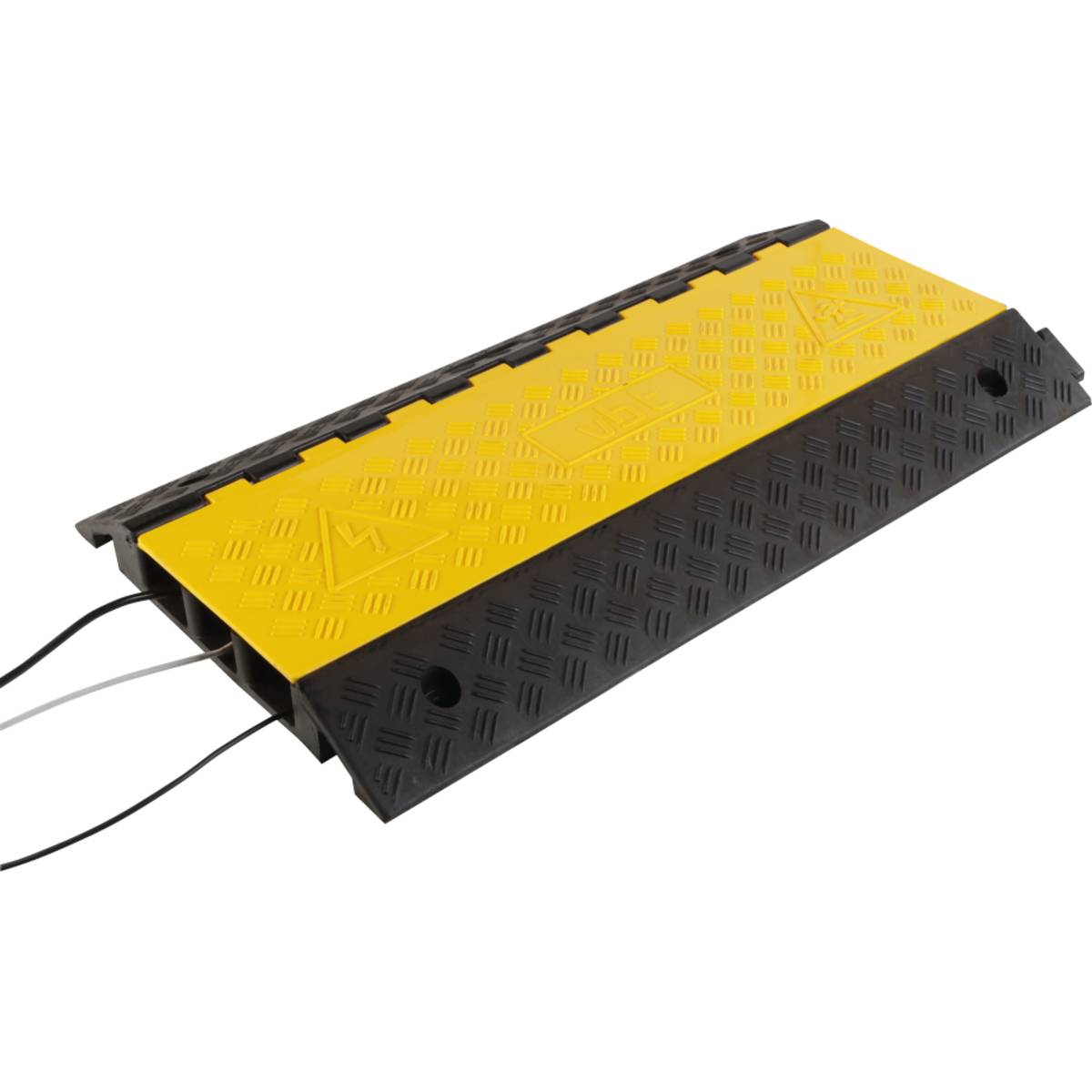 Ein gelb-schwarz gestreiftes Kabelschutzprofil mit strukturierter Oberfläche, das zwei Kanäle für den sicheren Durchgang von Kabeln und Leitungen aufweist.