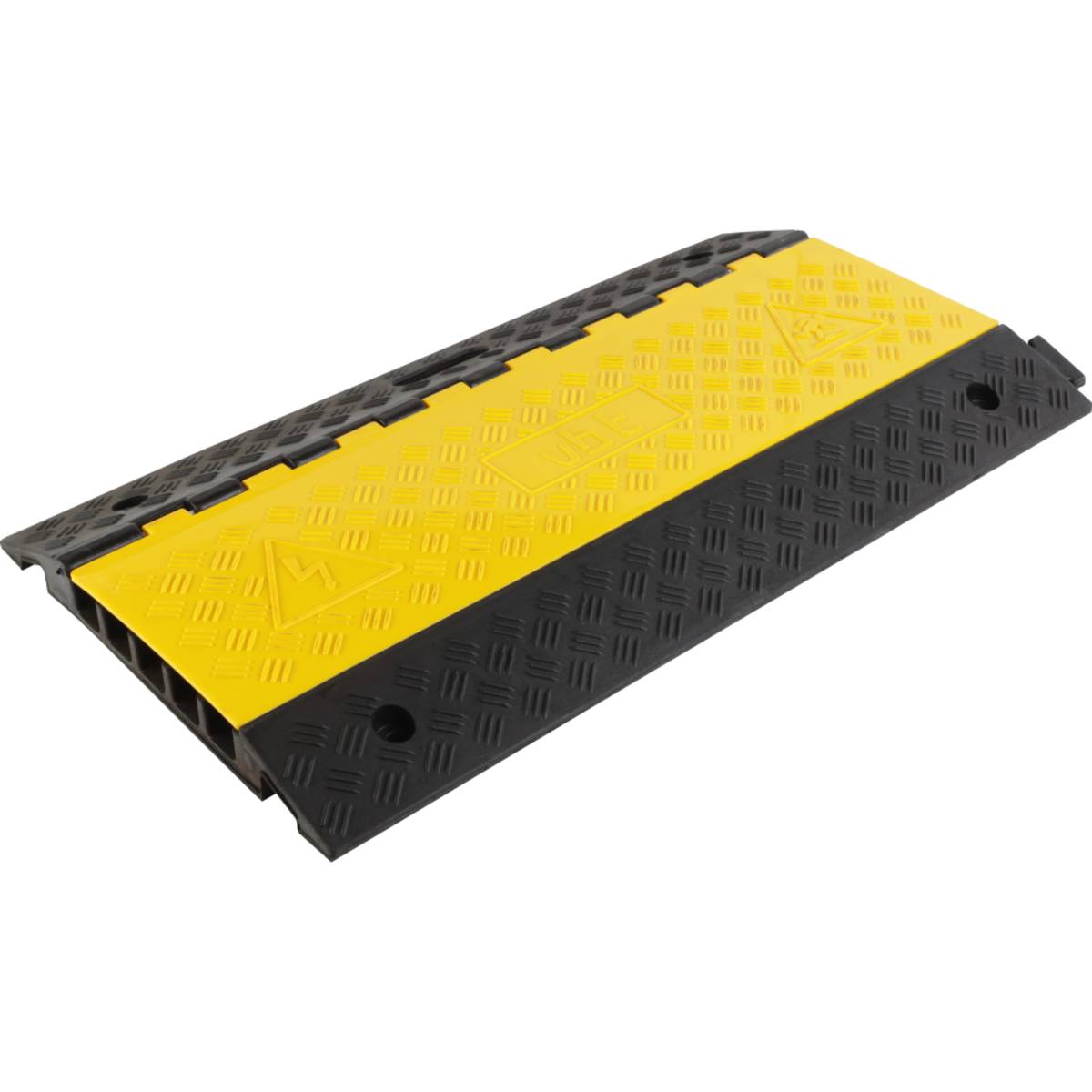 Eine gelb-schwarze Kabelschutzrampe mit strukturierter Oberfläche und drei Kabelkanälen zur Organisierung und zum Schutz von Kabeln.