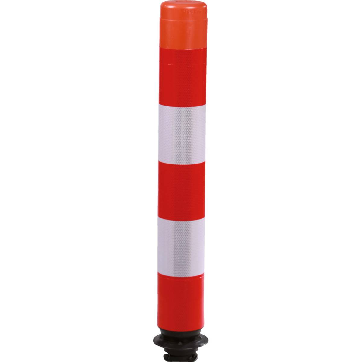 Ein senkrecht aufgestellter rotes Verkehrsleiter-Pfosten mit weißen reflektierenden Streifen und einer orangefarbenen Kappe, der zum Leiten des Verkehrs und zum Markieren von Grenzen verwendet wird.