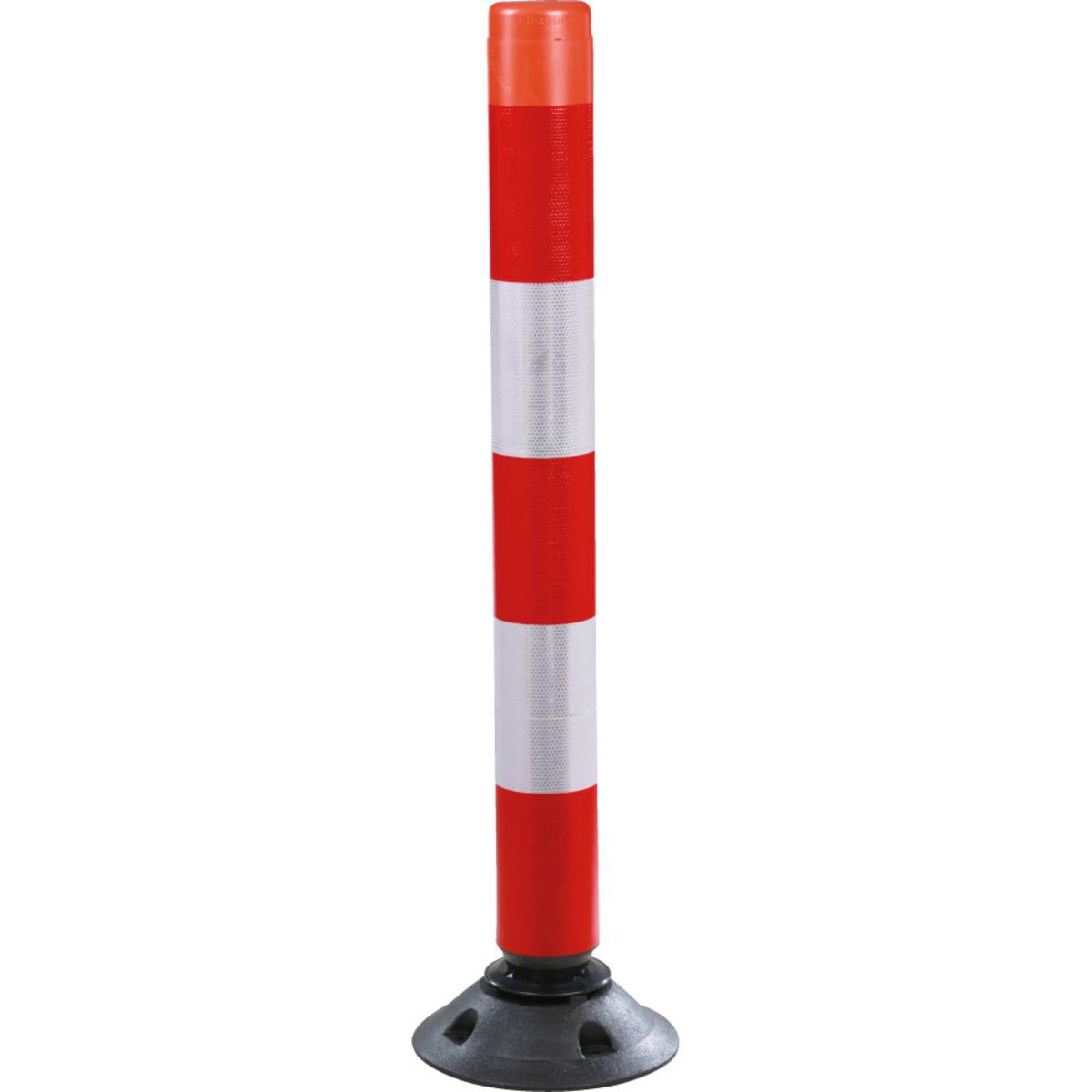 Ein rot-weiß gestreifter Leitpfosten für Verkehr mit schwarzer Basis, der für Straßen- und Verkehrsmanagement verwendet wird.