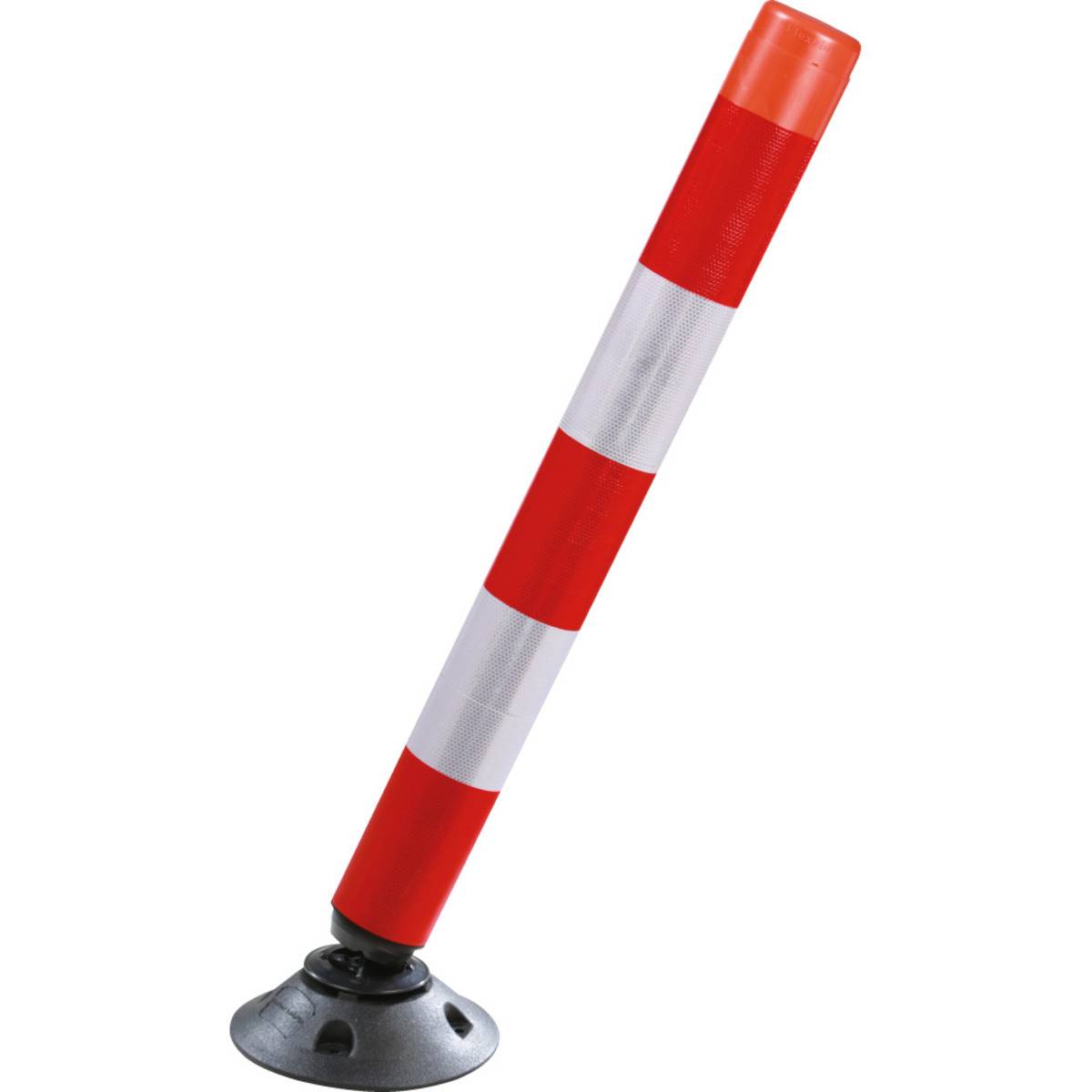Ein rot-weißer Leitpfosten mit reflektierendem Band, der leicht zur Seite geneigt ist.